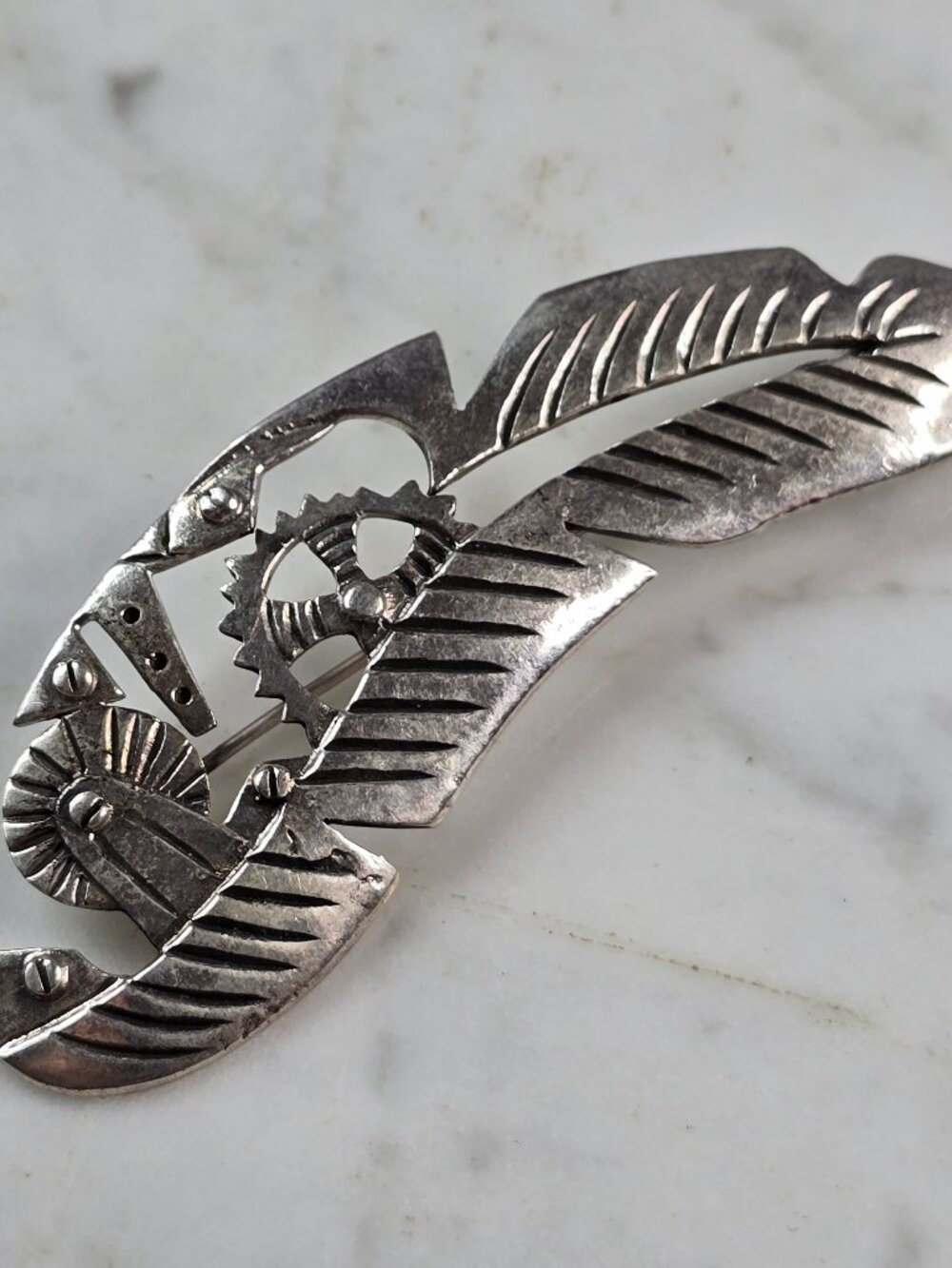 Womens Vintage Estate Sterling Silver Native American Feather Brooch 13.1g E655